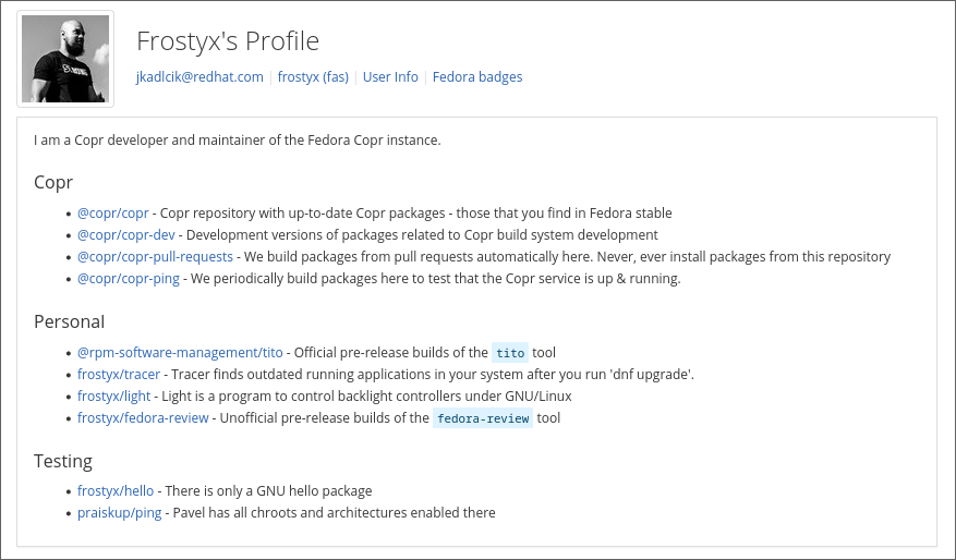 Frostyx's Copr profile with a description