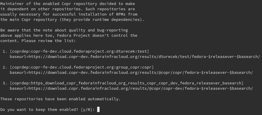 Dnf warning when enabling a project with dependencies.